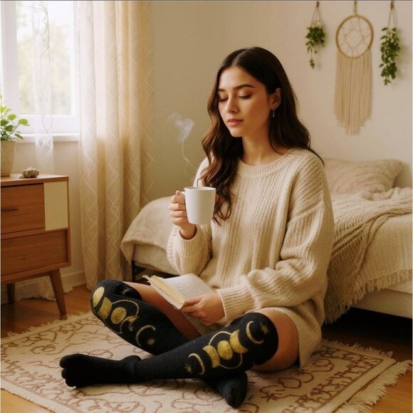 Dolls Kill Accessories - Lunar Phase Thigh High Socks w/ Gold Moon Design – Stargazer Ritual Edition